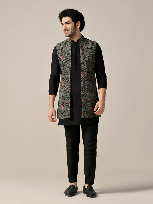 Kisah Men's Black Printed Med-Length Open Kurta with Jacket and Trouser Set | Swadesiicart