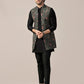 Kisah Men's Black Printed Med-Length Open Kurta with Jacket and Trouser Set | Swadesiicart