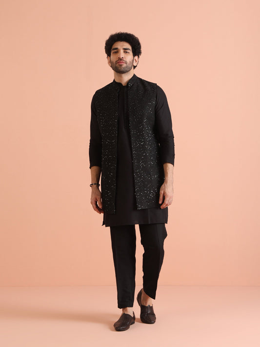 Kisah Men Black Embellished Kurta Nehru Jacket Trouser Set | Swadesiicart