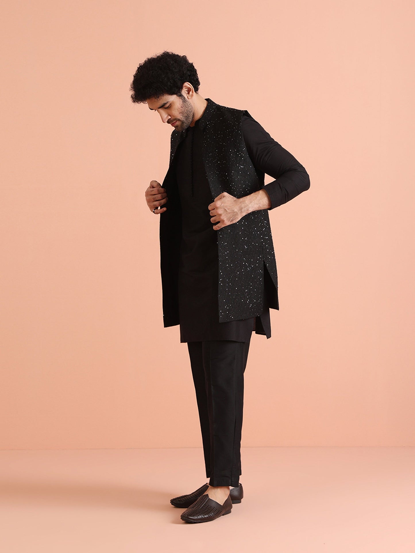 Kisah Men Black Embellished Kurta Nehru Jacket Trouser Set | Swadesiicart