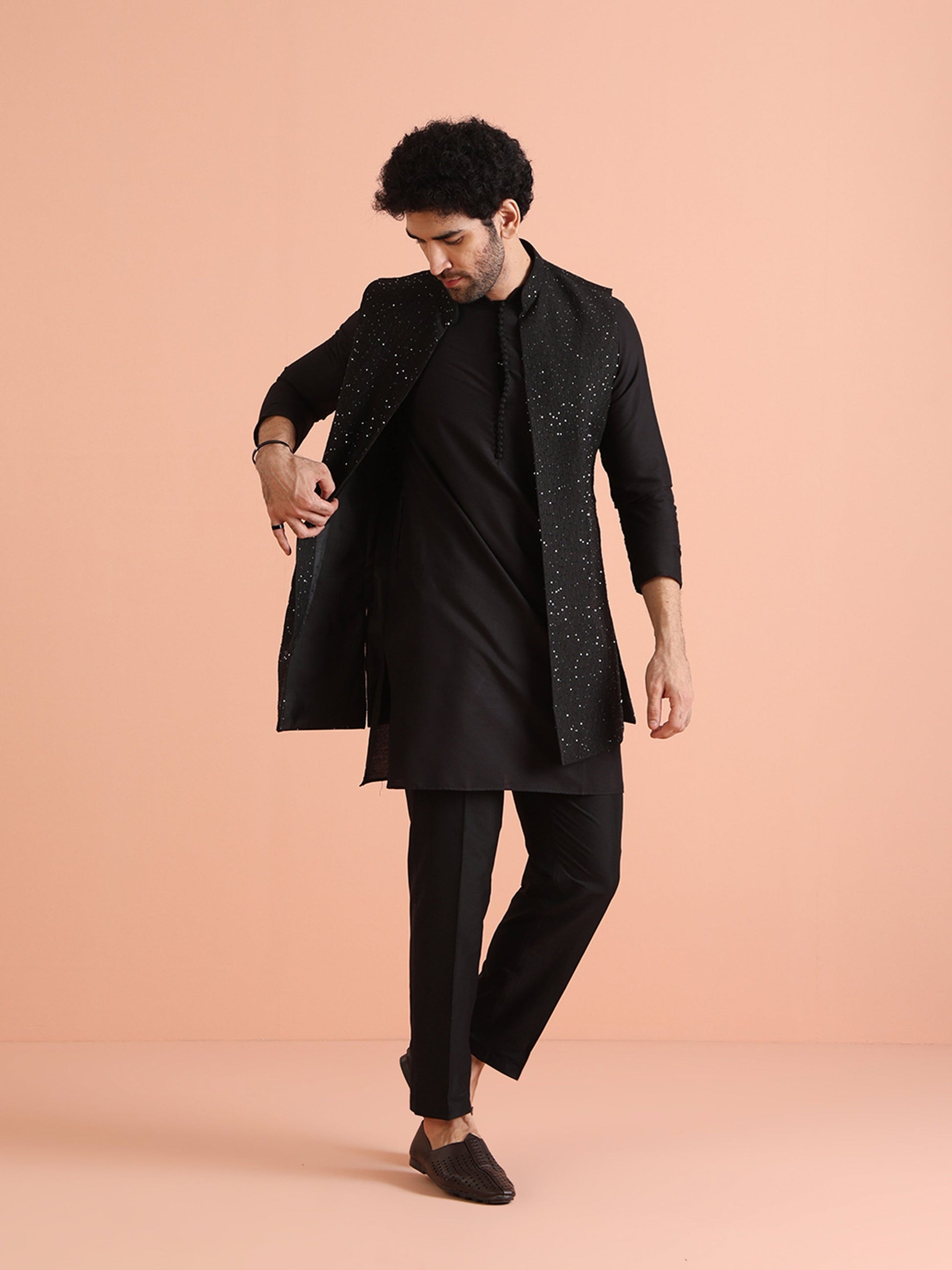 Kisah Men Black Embellished Kurta Nehru Jacket Trouser Set | Swadesiicart