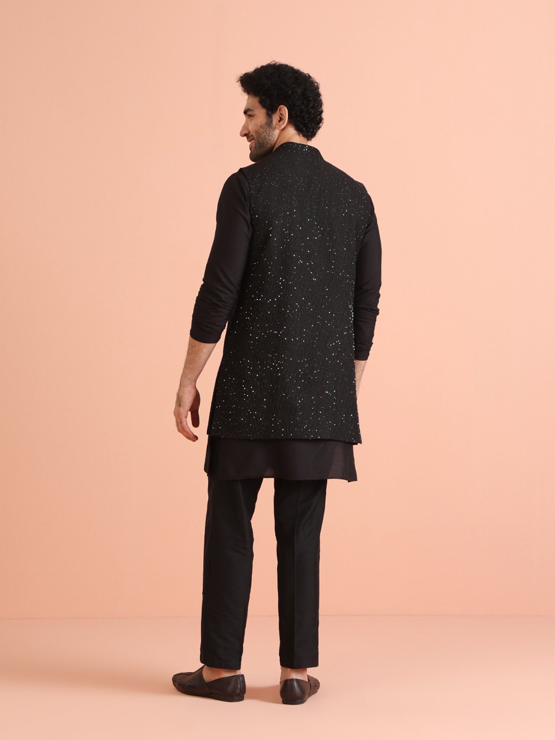 Kisah Men Black Embellished Kurta Nehru Jacket Trouser Set | Swadesiicart