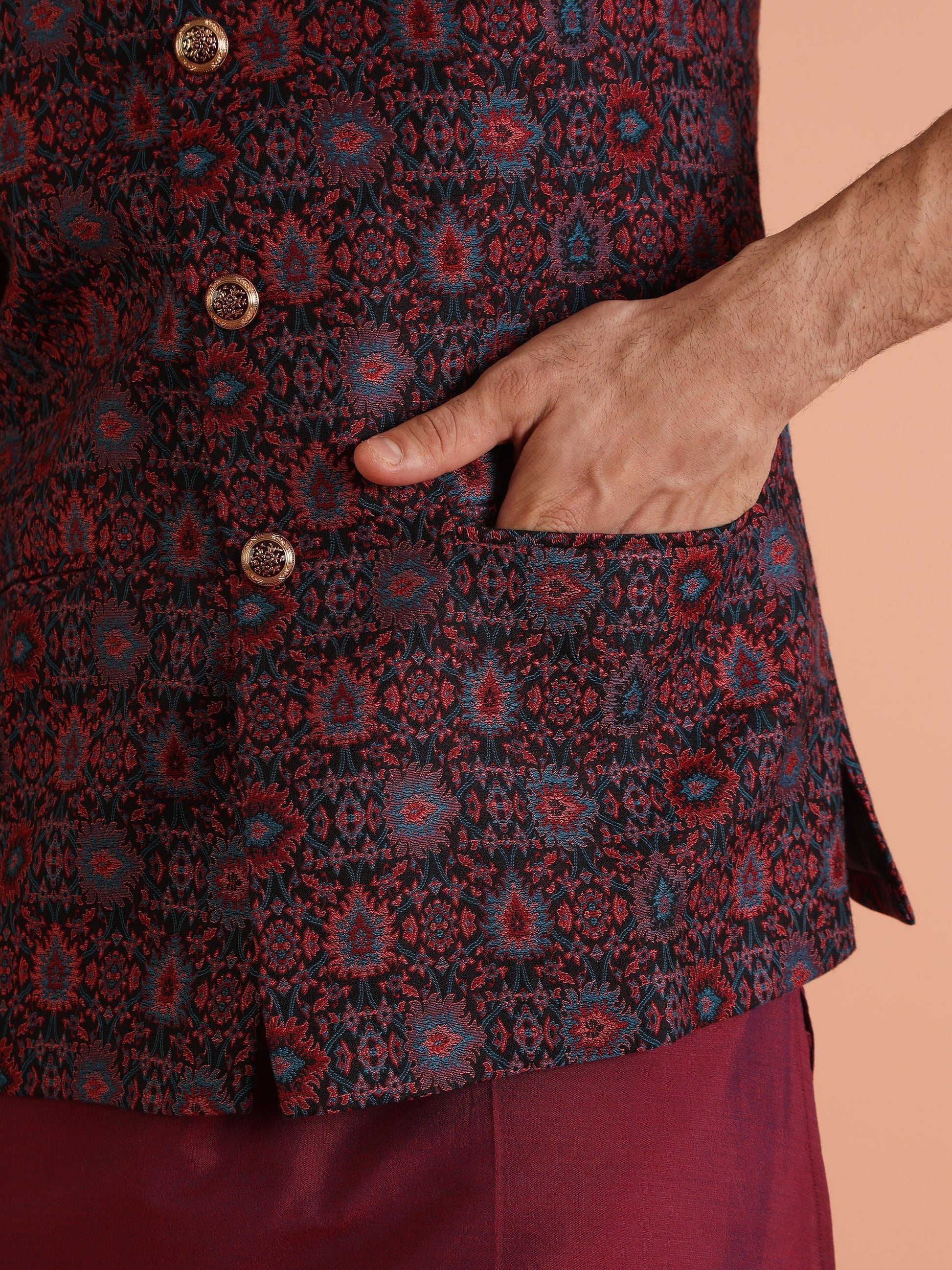 Kisah Men Multi Woven Design Ethnic Motifs Kurta Jacket Trouser Set | Swadesiicart