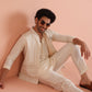 Kisah Men's Beige Printed Kurta Jacket with Trouser Set Geometric Design | Swadesiicart