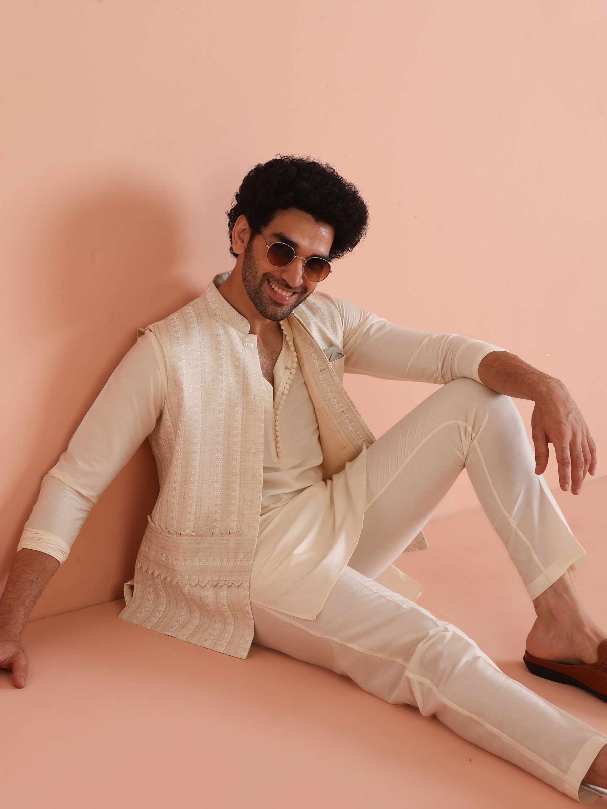 Kisah Men's Beige Printed Kurta Jacket with Trouser Set Geometric Design | Swadesiicart