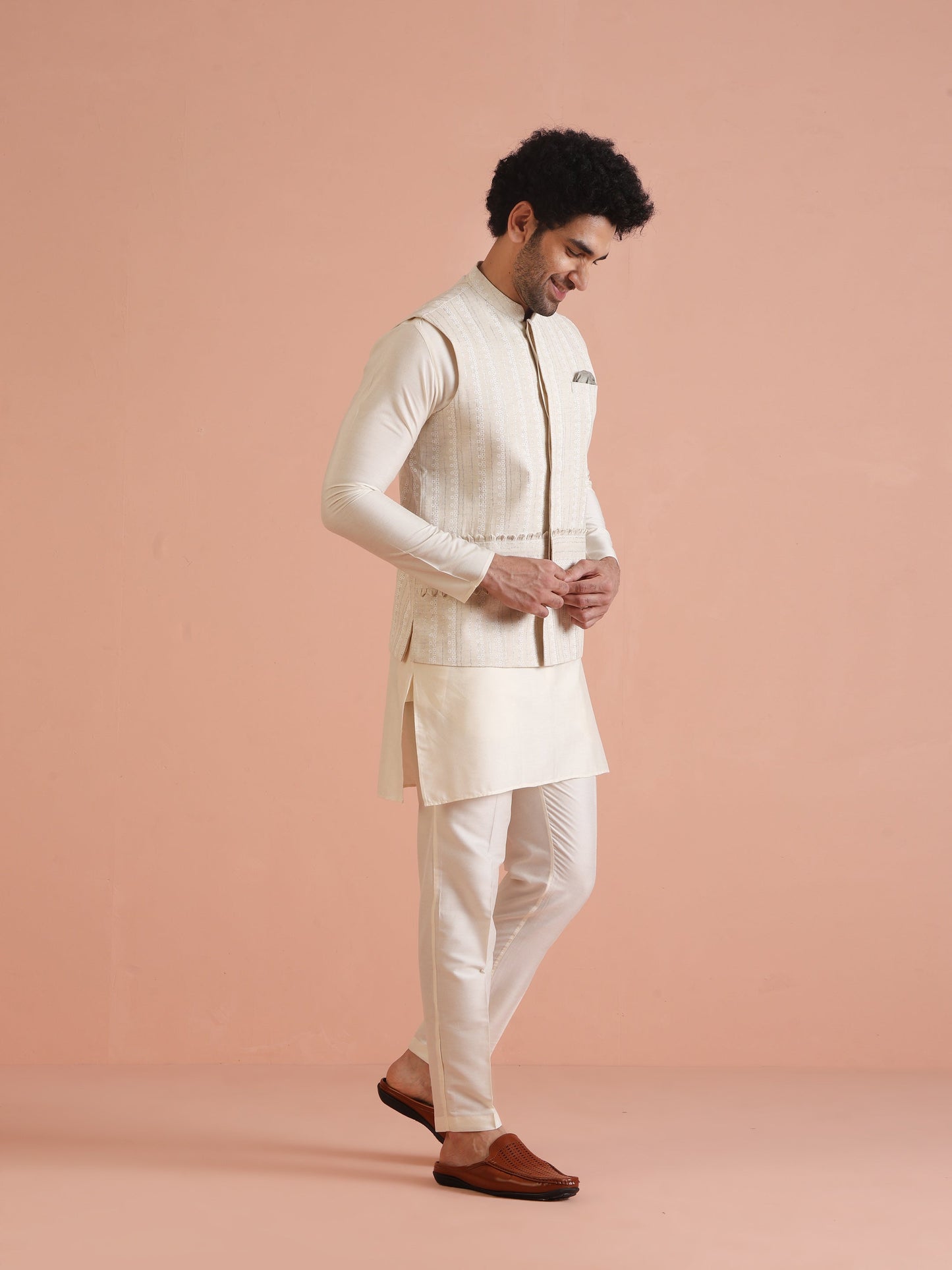 Kisah Men's Beige Printed Kurta Jacket with Trouser Set Geometric Design | Swadesiicart