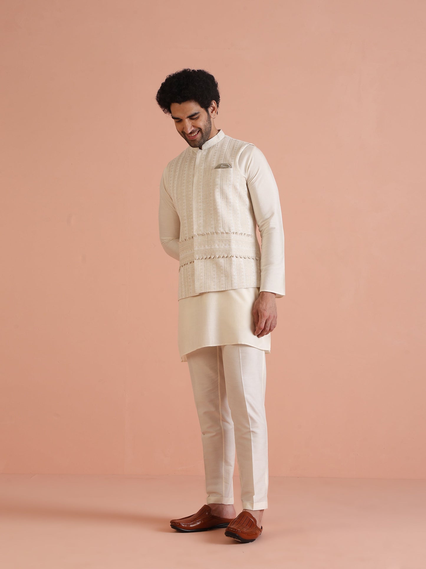Kisah Men's Beige Printed Kurta Jacket with Trouser Set Geometric Design | Swadesiicart