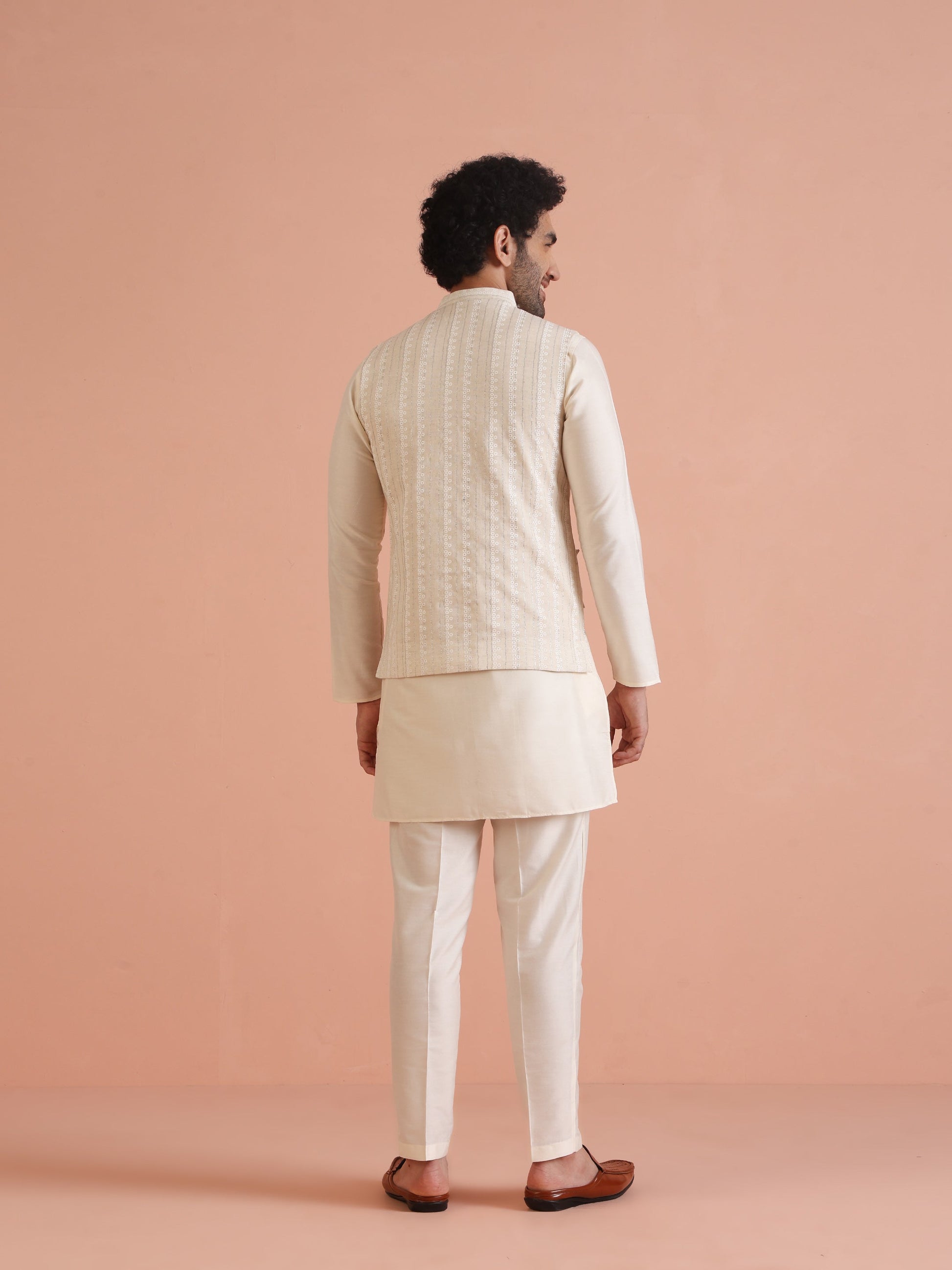 Kisah Men's Beige Printed Kurta Jacket with Trouser Set Geometric Design | Swadesiicart
