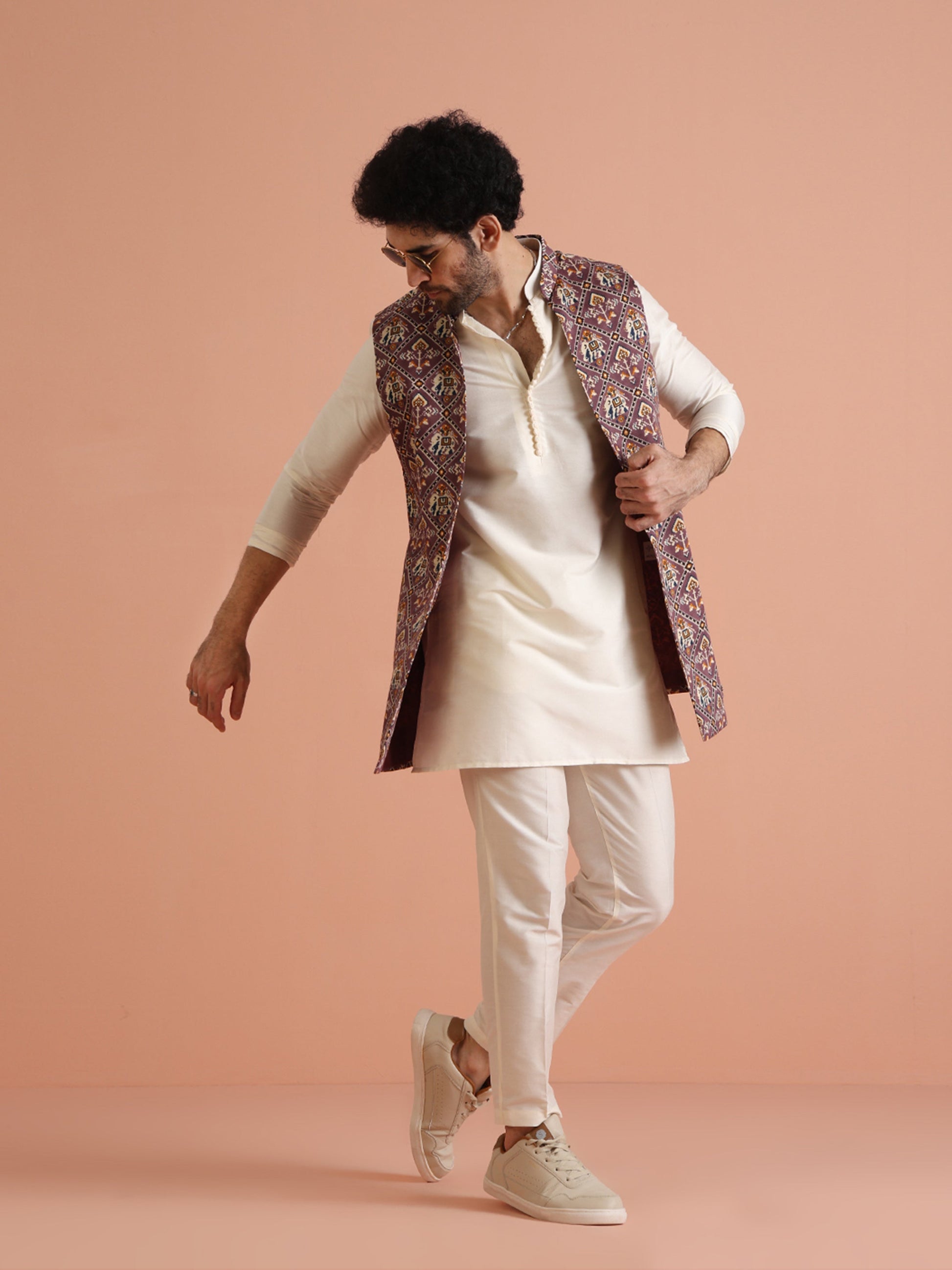 Kisah Men Purple Patola Print Kurta Jacket Trouser Set | Swadesiicart