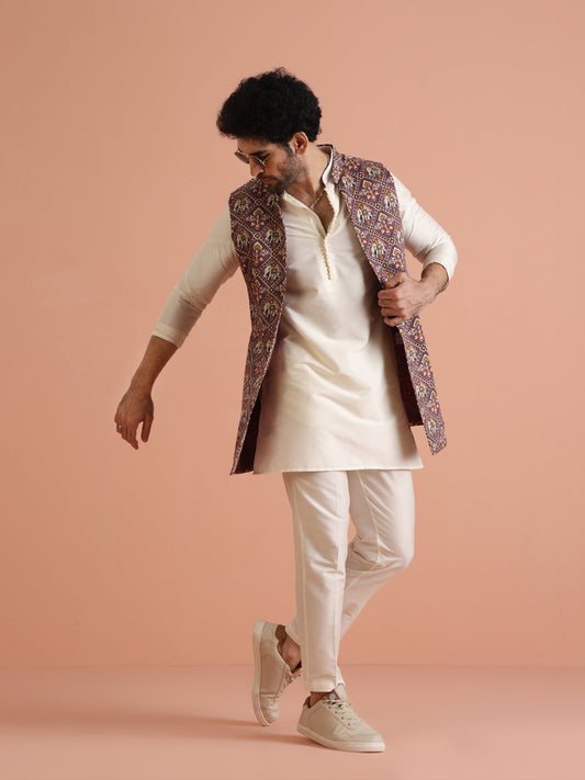 Kisah Men Purple Patola Print Kurta Jacket Trouser Set | Swadesiicart