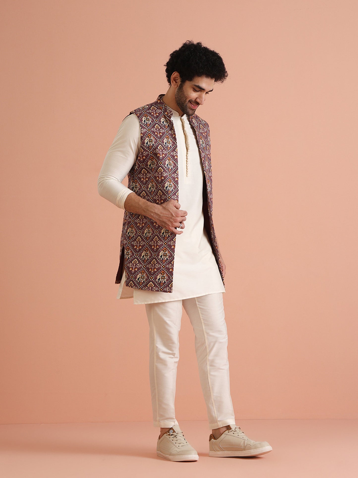 Kisah Men Purple Patola Print Kurta Jacket Trouser Set | Swadesiicart
