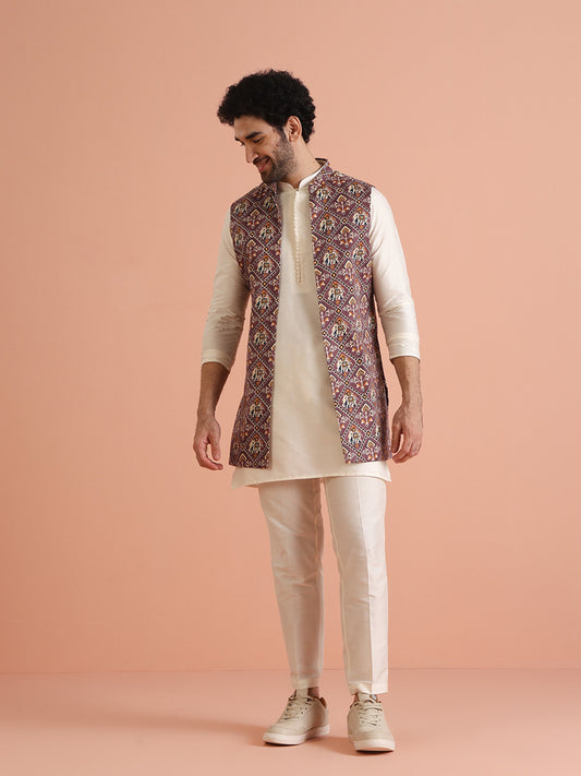 Kisah Men Purple Patola Print Kurta Jacket Trouser Set | Swadesiicart
