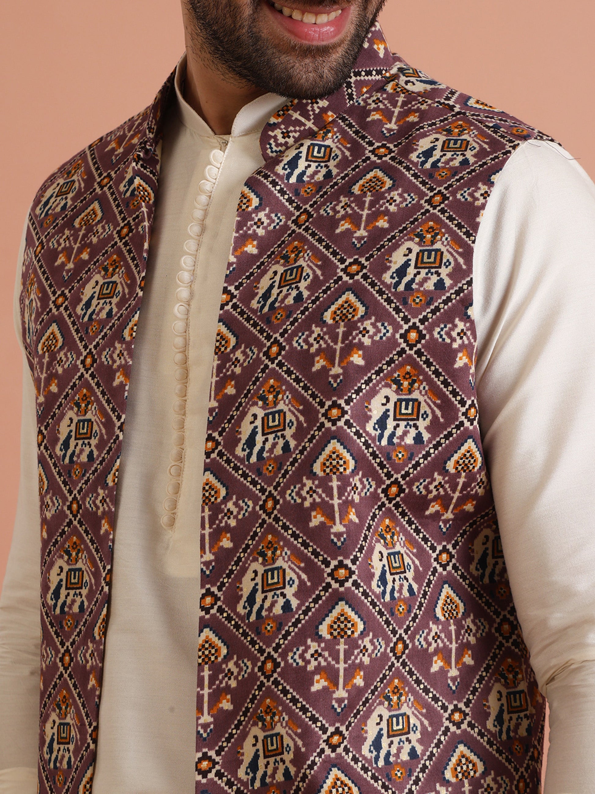 Kisah Men Purple Patola Print Kurta Jacket Trouser Set | Swadesiicart