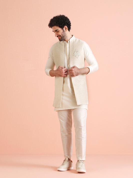 Kisah Men Off White Woven Design Kurta Jacket Trousers Set | Swadesiicart