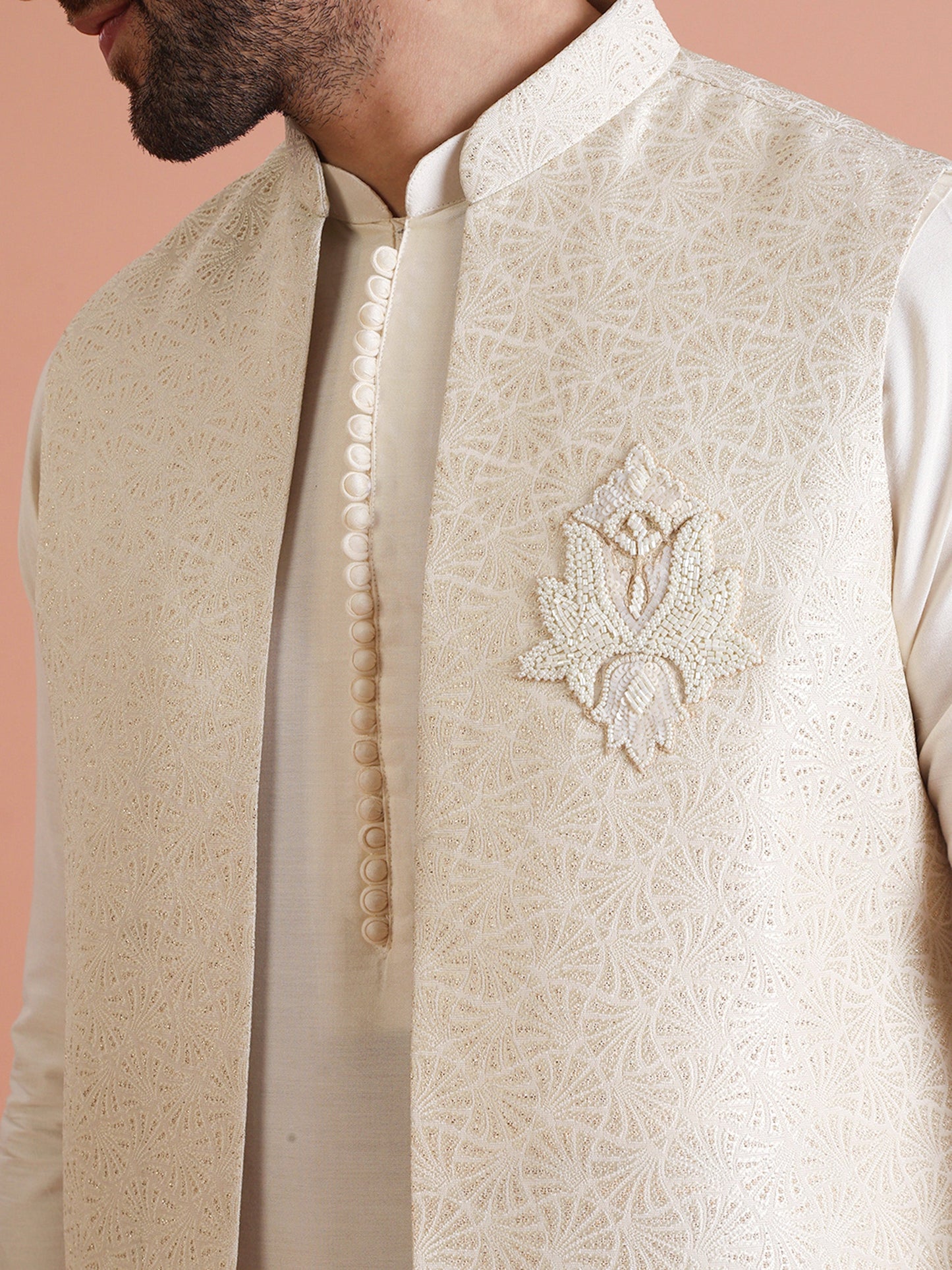 Kisah Men Off White Woven Design Kurta Jacket Trousers Set | Swadesiicart