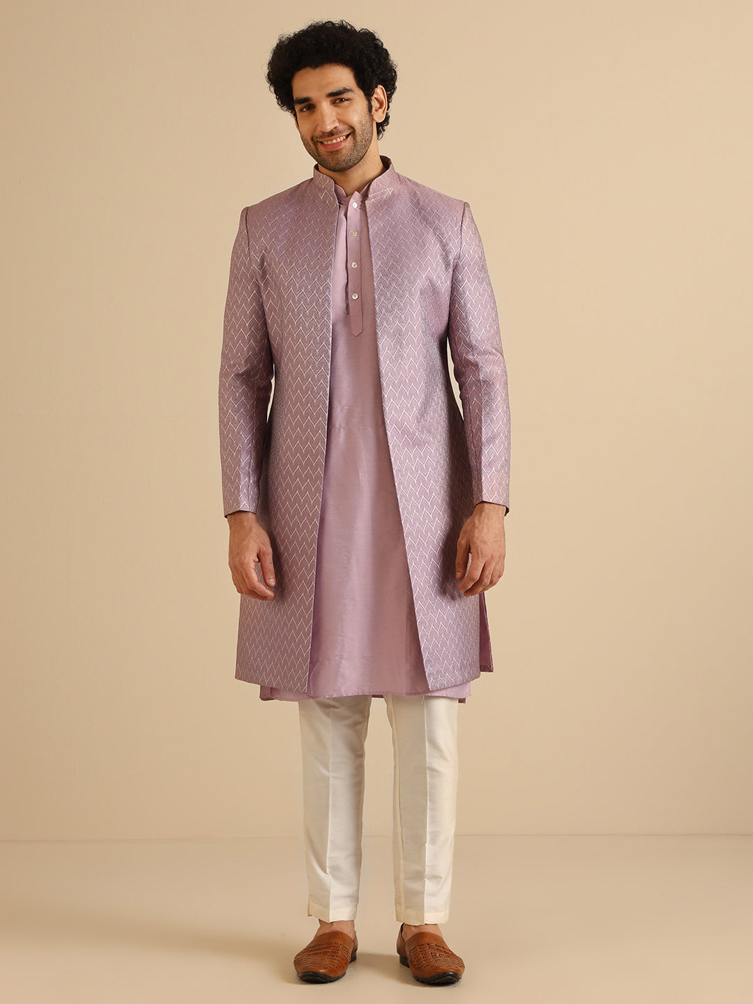 Kisah Men Lilac Textured Open Kurta Indowestern Trouser Set | Swadesiicart