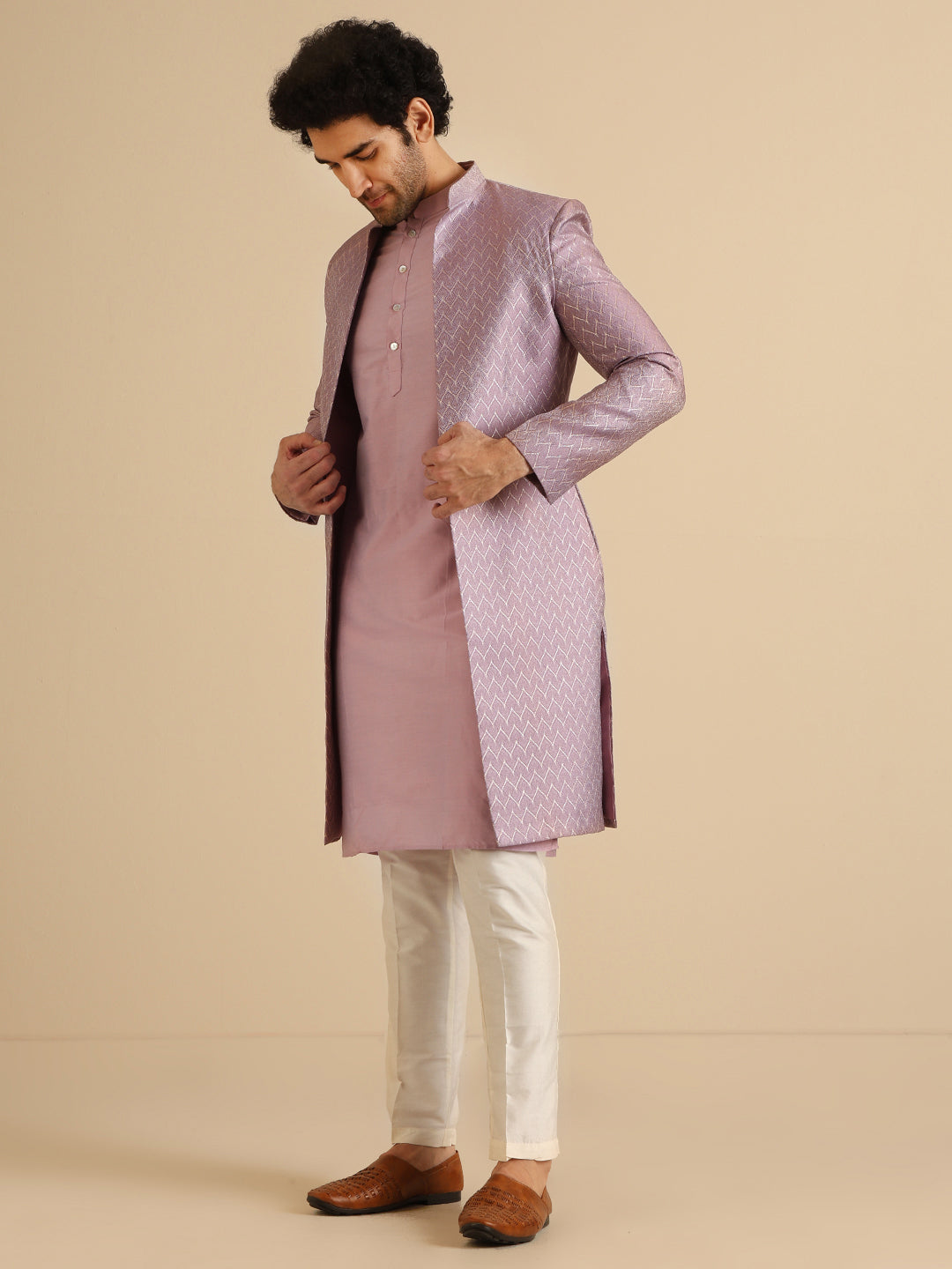 Kisah Men Lilac Textured Open Kurta Indowestern Trouser Set | Swadesiicart