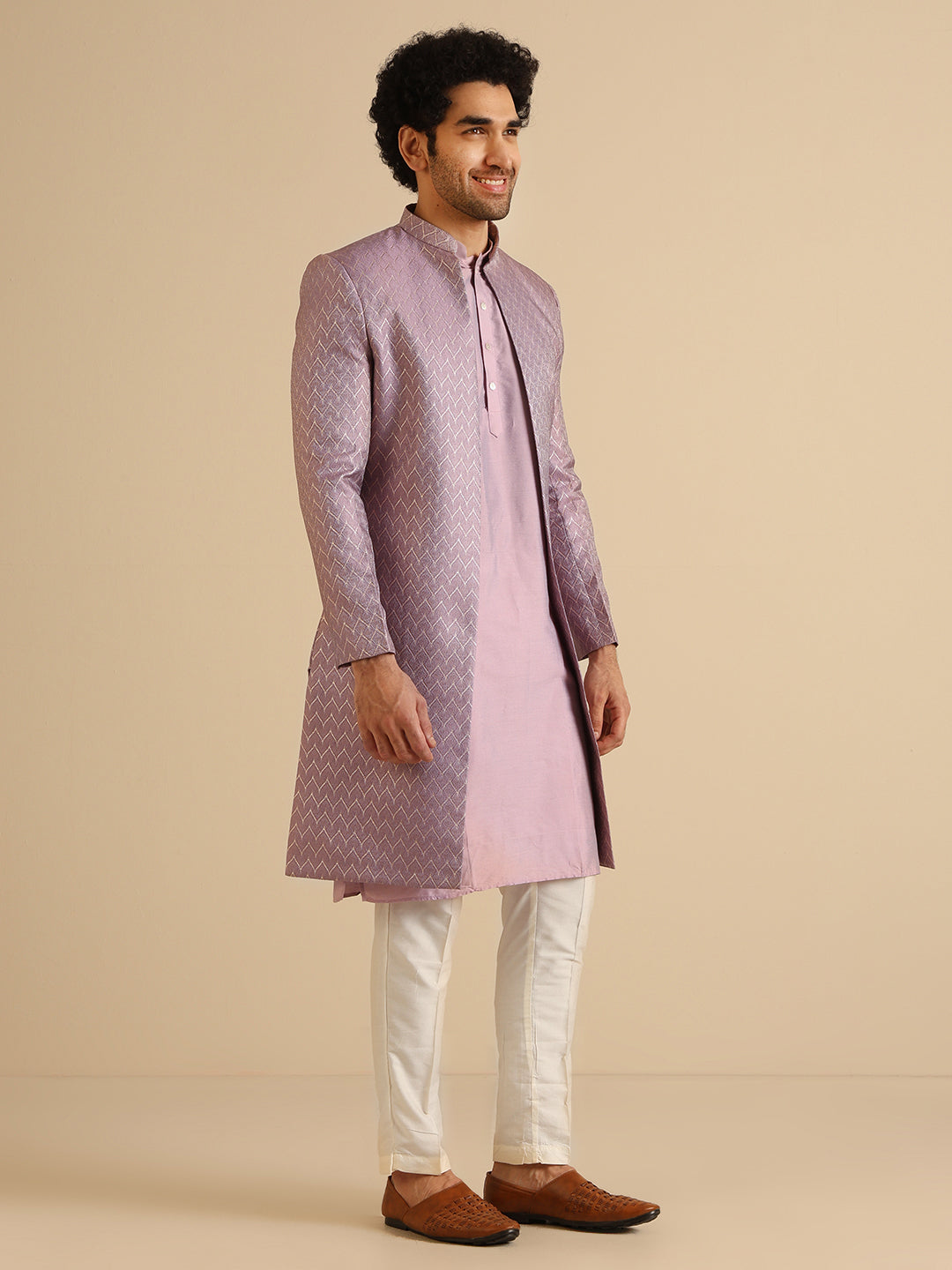 Kisah Men Lilac Textured Open Kurta Indowestern Trouser Set | Swadesiicart