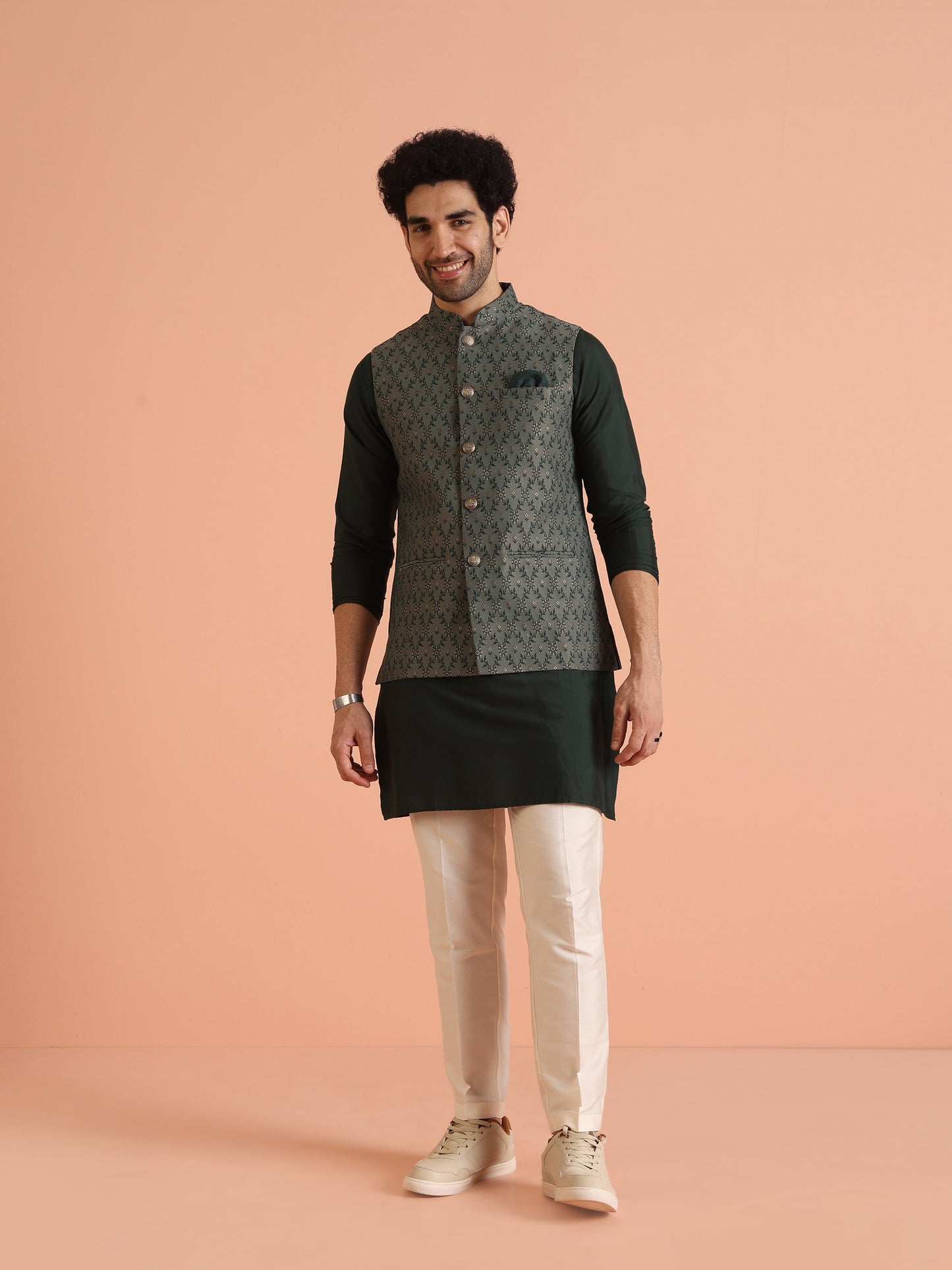 Kisah Men Green Woven Design Floral Kurta Jacket Trouser Set | Swadesiicart
