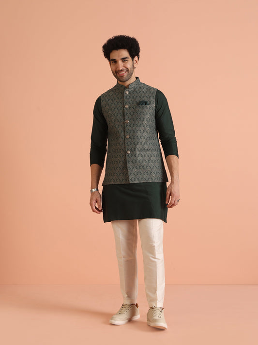 Kisah Men Green Woven Design Floral Kurta Jacket Trouser Set | Swadesiicart