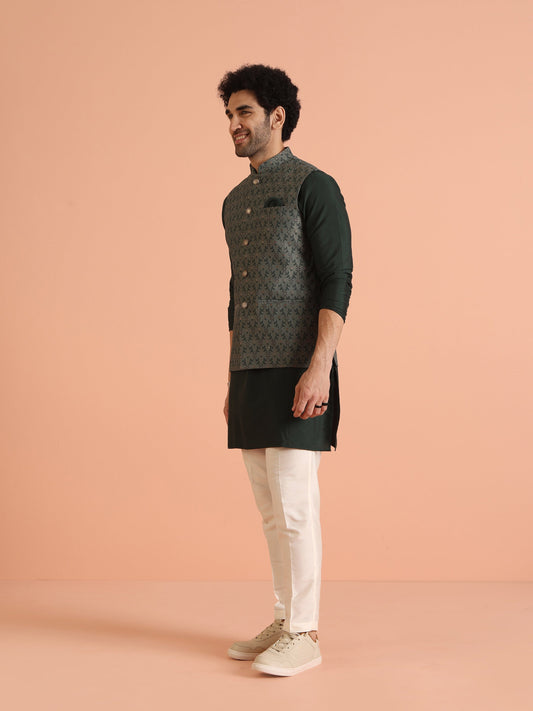 Kisah Men Green Woven Design Floral Kurta Jacket Trouser Set | Swadesiicart