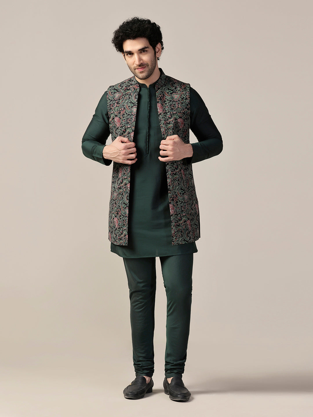 Kisah Men's Multi-Color Jacket with Green Kurta Churidar Set | Swadesiicart