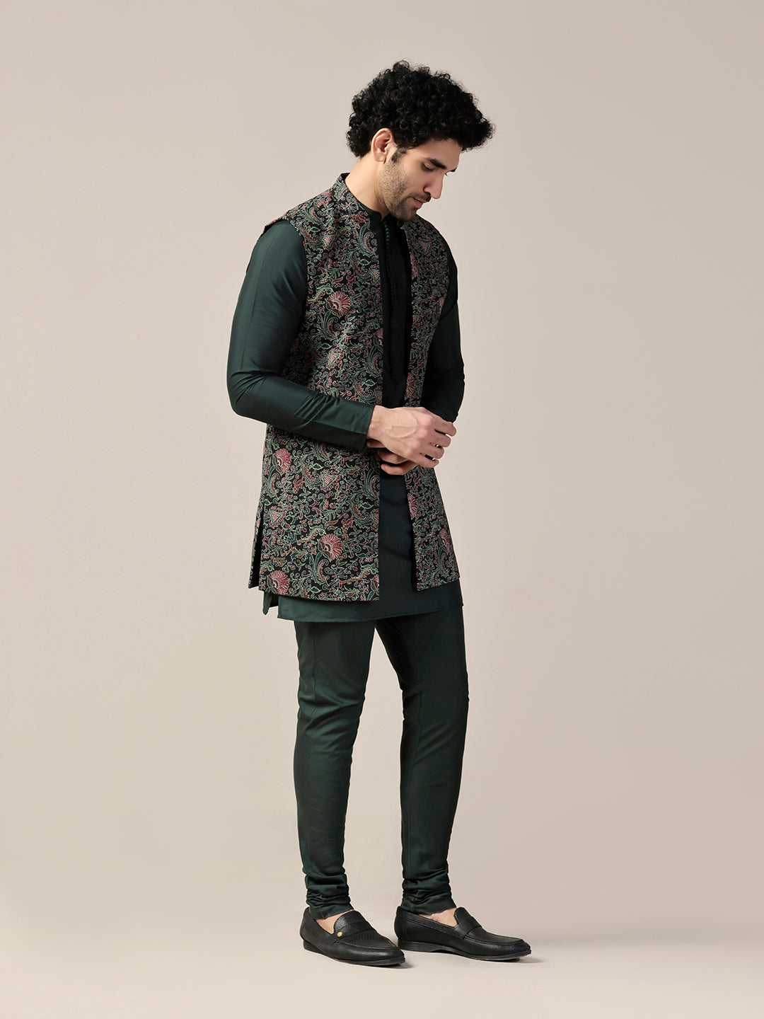 Kisah Men's Multi-Color Jacket with Green Kurta Churidar Set | Swadesiicart