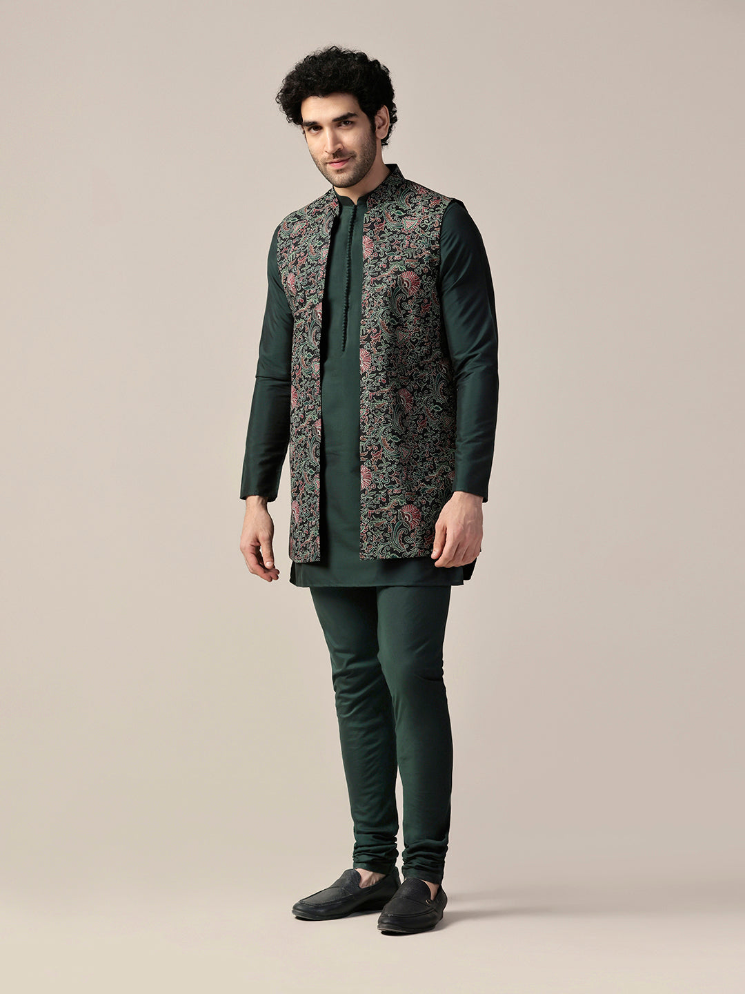Kisah Men's Multi-Color Jacket with Green Kurta Churidar Set | Swadesiicart