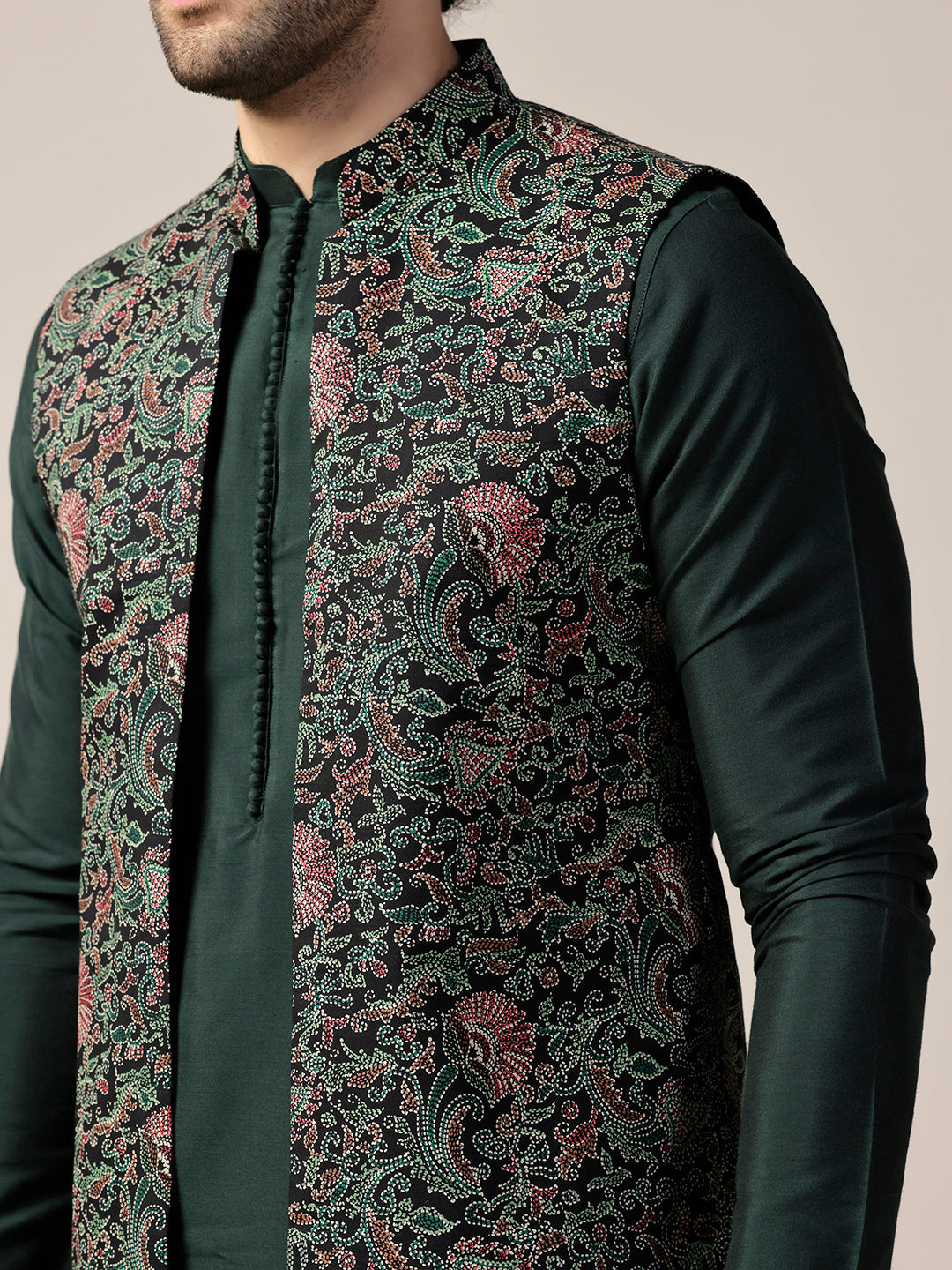 Kisah Men's Multi-Color Jacket with Green Kurta Churidar Set | Swadesiicart