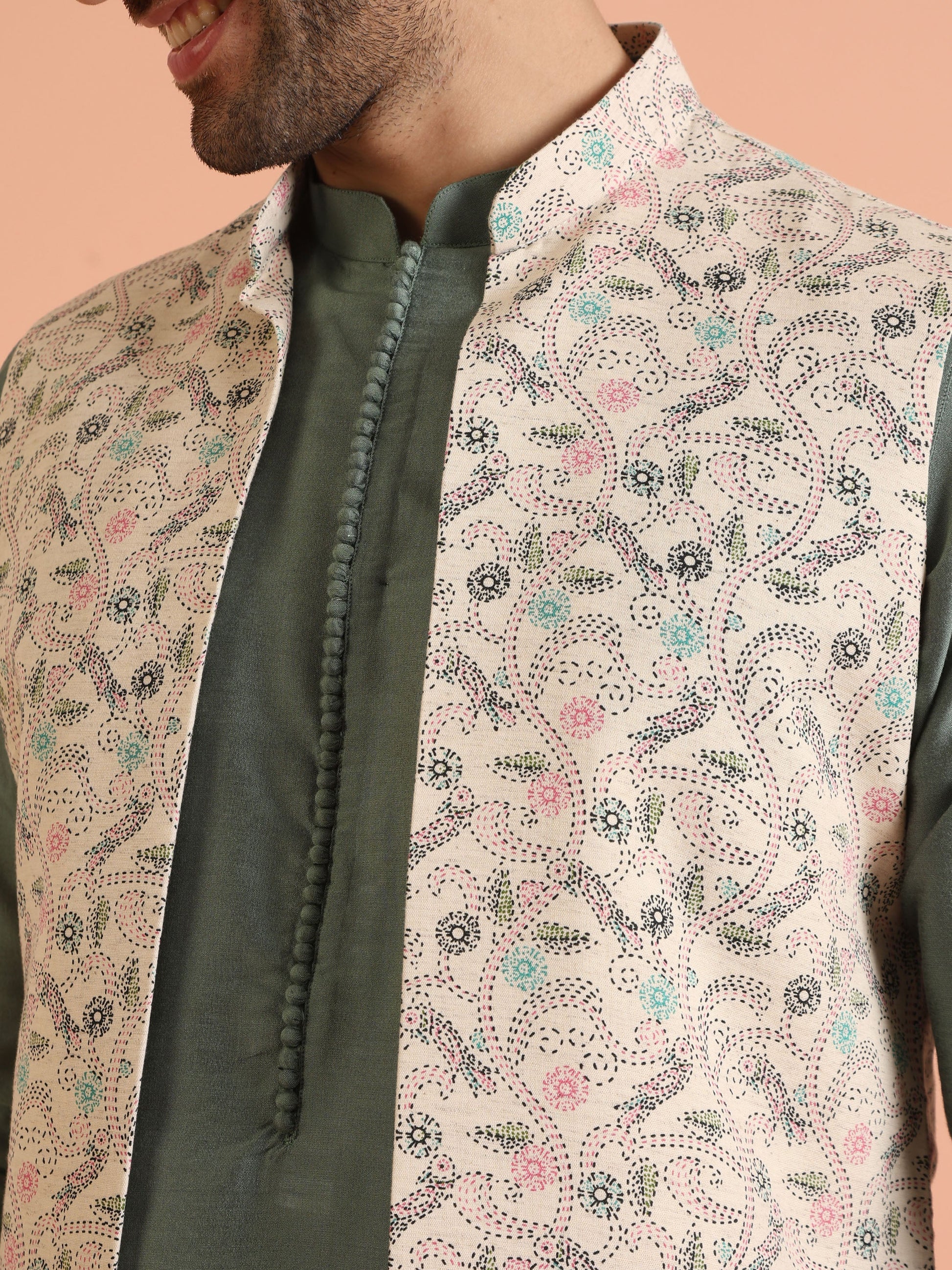 Kisah Men Multi Printed Kantha Print Kurta Jacket Trouser Set | Swadesiicart
