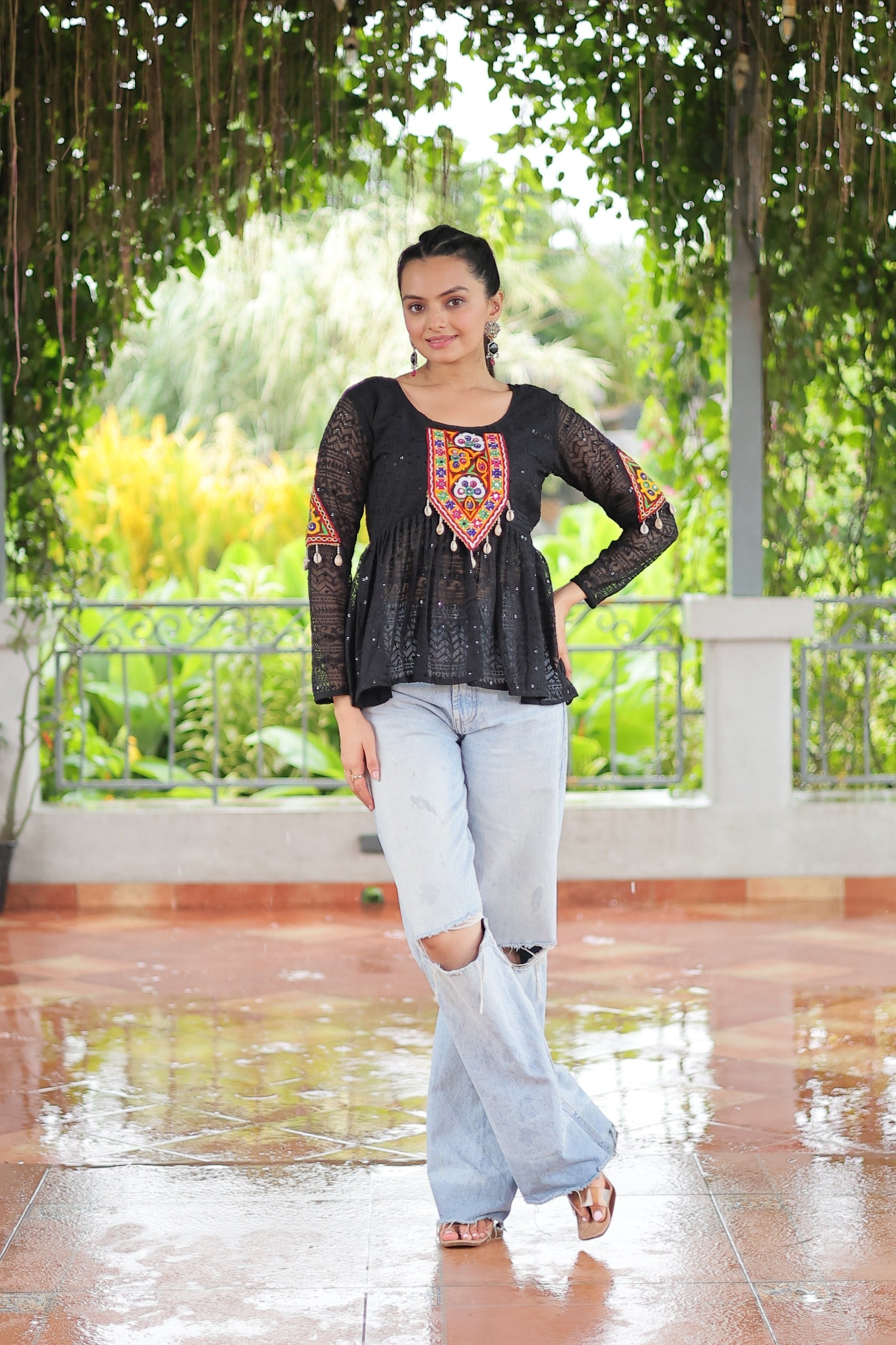 Prazu Fashion Black Georgette Schiffli Work Kutchi Gamthi Patch Work Navaratri Top - Swadesiicart
