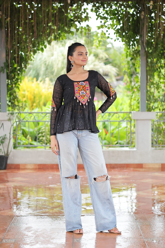 Prazu Fashion Black Georgette Schiffli Work Kutchi Gamthi Patch Work Navaratri Top - Swadesiicart