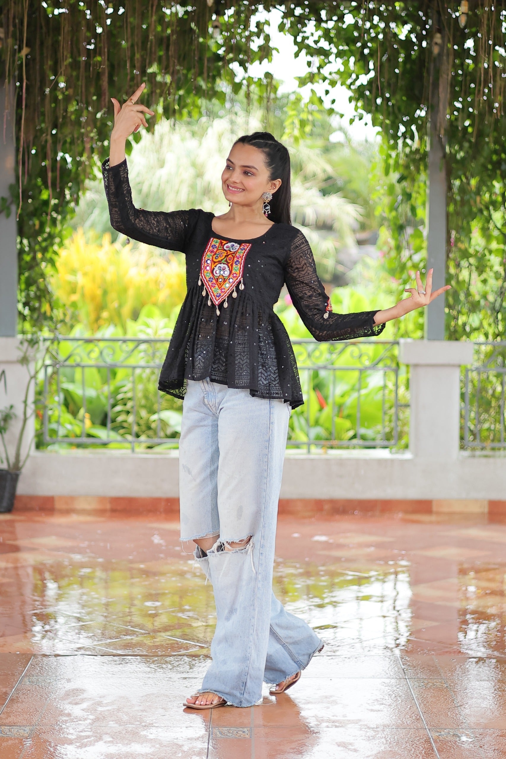 Prazu Fashion Black Georgette Schiffli Work Kutchi Gamthi Patch Work Navaratri Top - Swadesiicart