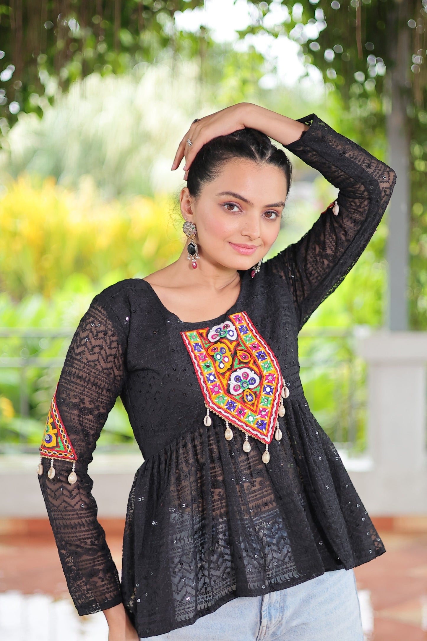Prazu Fashion Black Georgette Schiffli Work Kutchi Gamthi Patch Work Navaratri Top - Swadesiicart