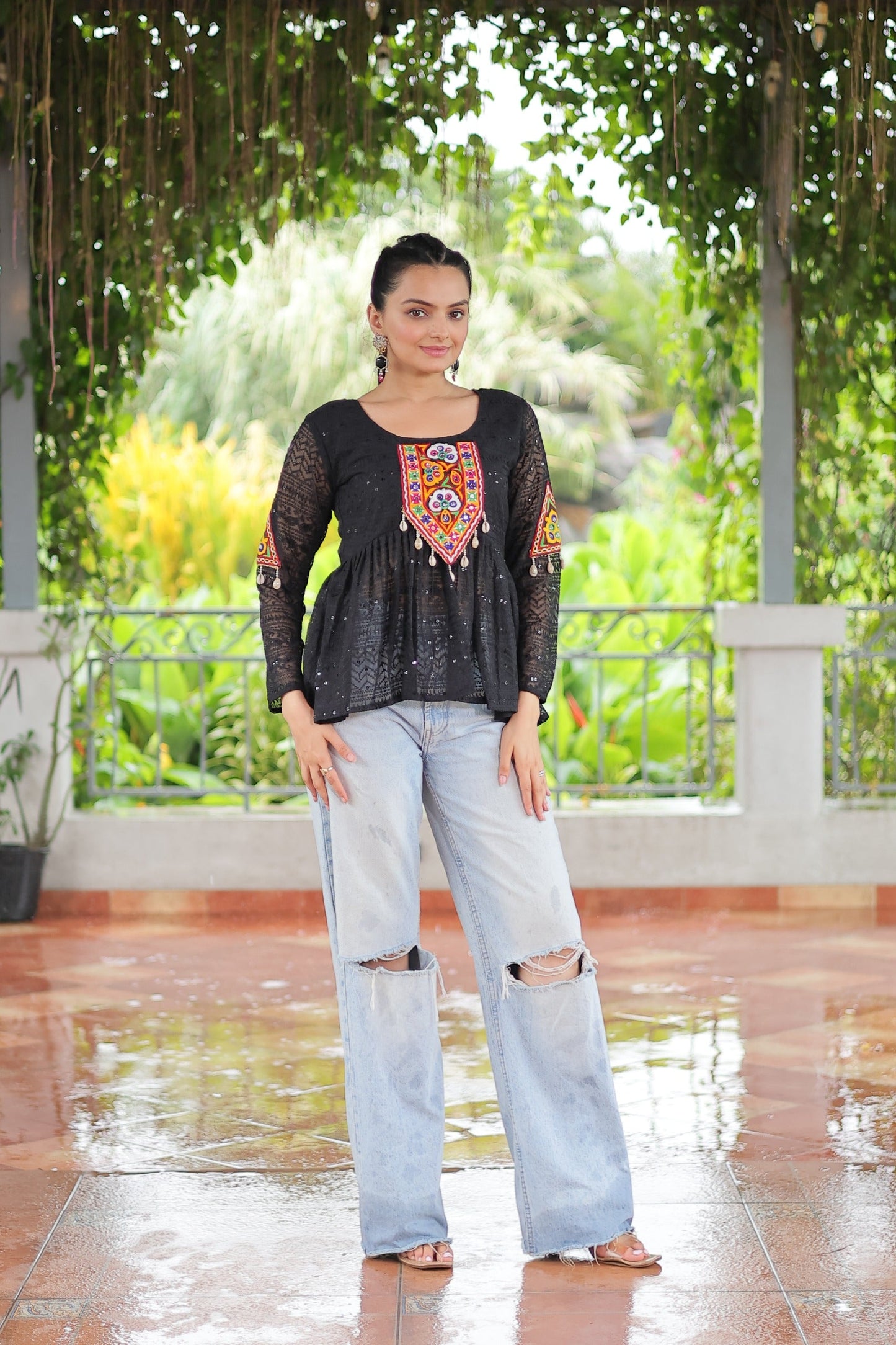 Prazu Fashion Black Georgette Schiffli Work Kutchi Gamthi Patch Work Navaratri Top - Swadesiicart