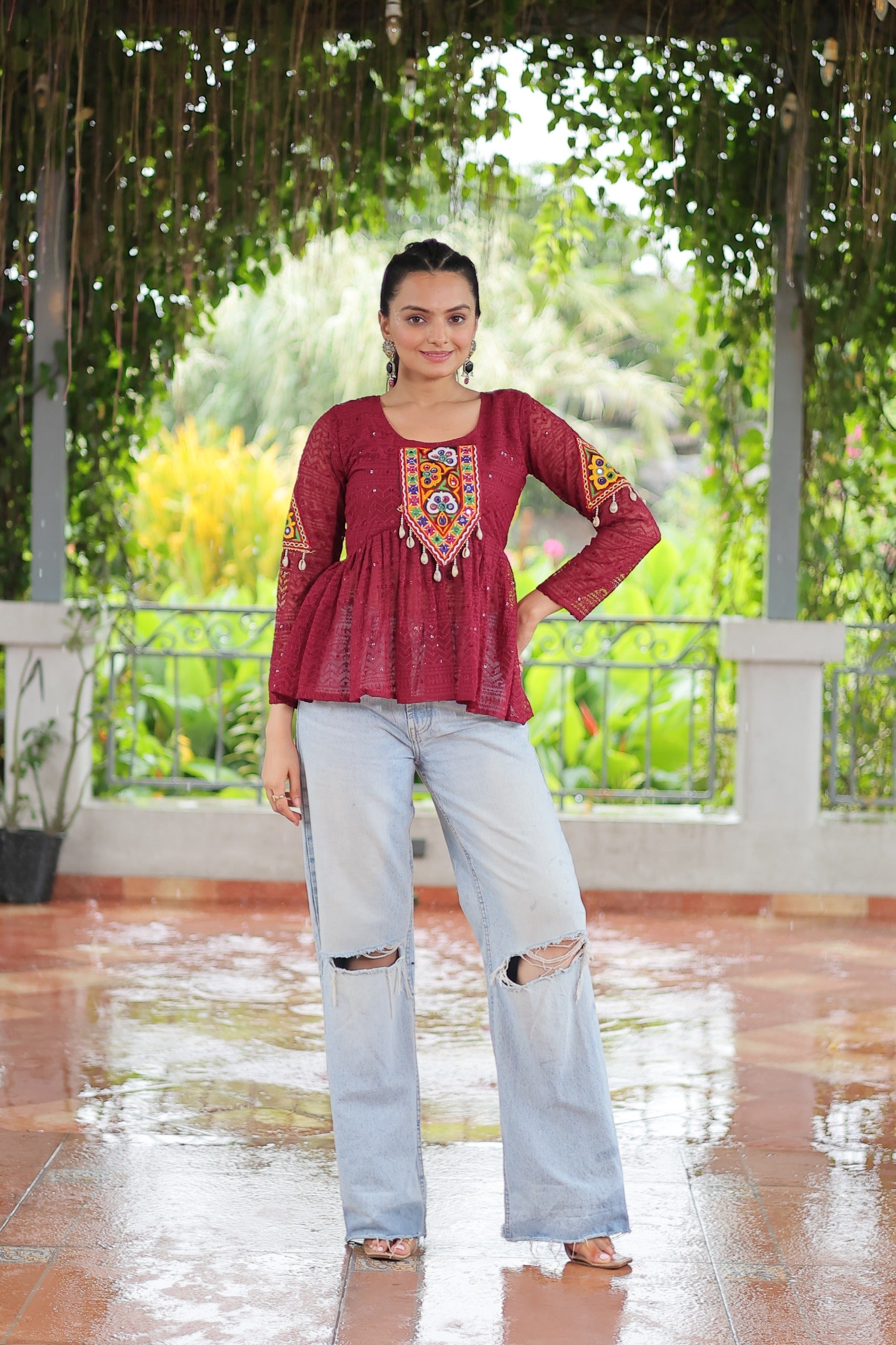 Prazu Fashion Maroon Georgette Schiffli Work Kutchi Gamthi Patch Work Navaratri Top - Swadesiicart