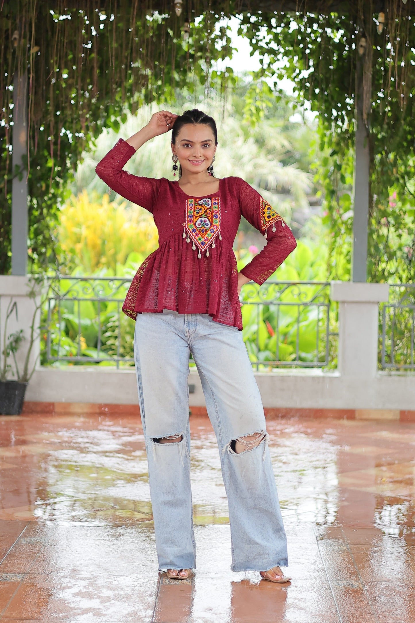 Prazu Fashion Maroon Georgette Schiffli Work Kutchi Gamthi Patch Work Navaratri Top - Swadesiicart