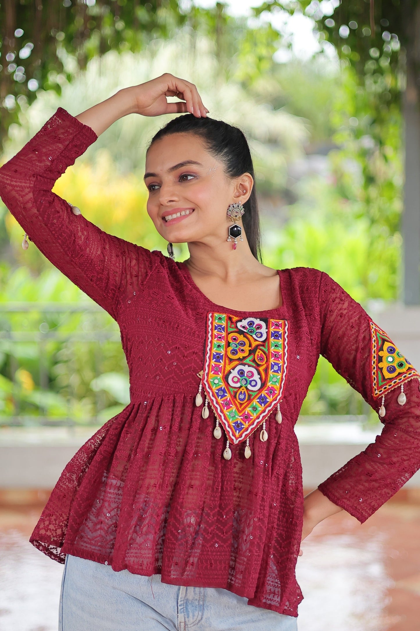 Prazu Fashion Maroon Georgette Schiffli Work Kutchi Gamthi Patch Work Navaratri Top - Swadesiicart