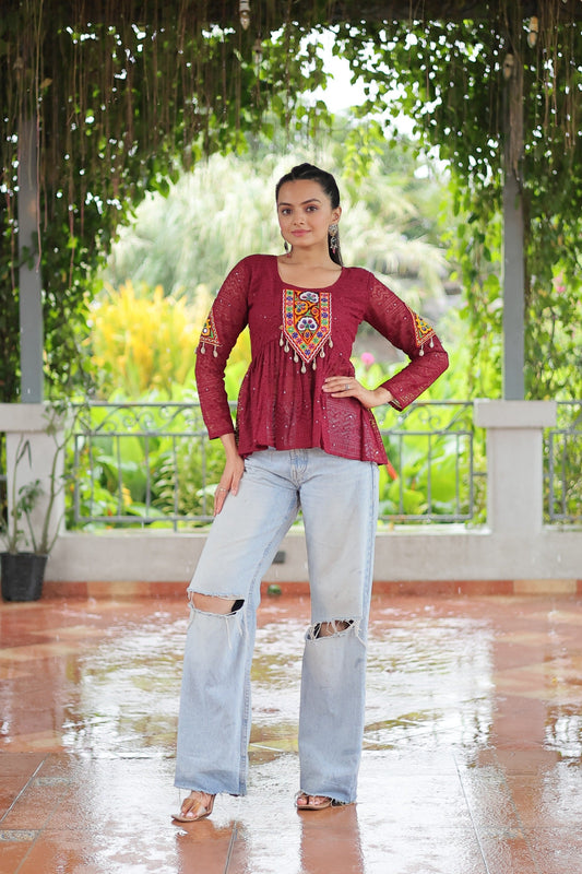 Prazu Fashion Maroon Georgette Schiffli Work Kutchi Gamthi Patch Work Navaratri Top - Swadesiicart