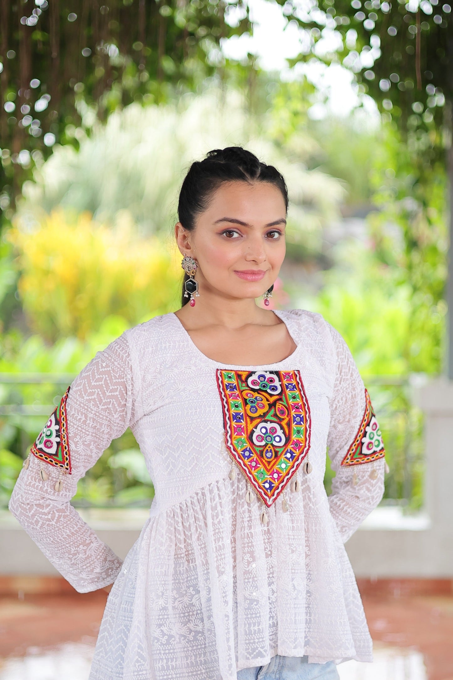Prazu Fashion Off White Georgette Schiffli Work Kutchi Gamthi Patch Work Navaratri Top - Swadesiicart
