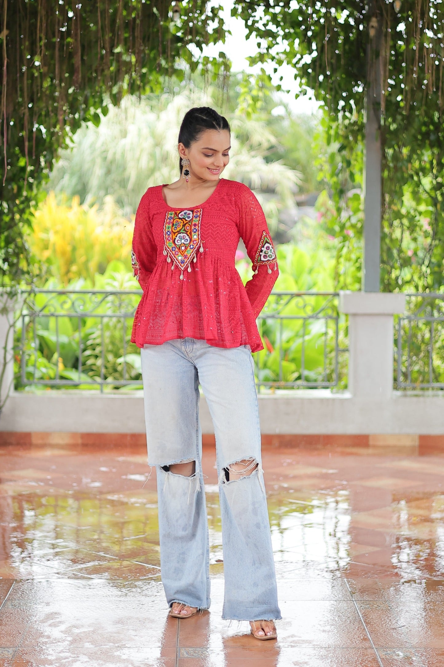 Prazu Fashion Pink Georgette Schiffli Work Kutchi Gamthi Patch Work Navaratri Top - Swadesiicart