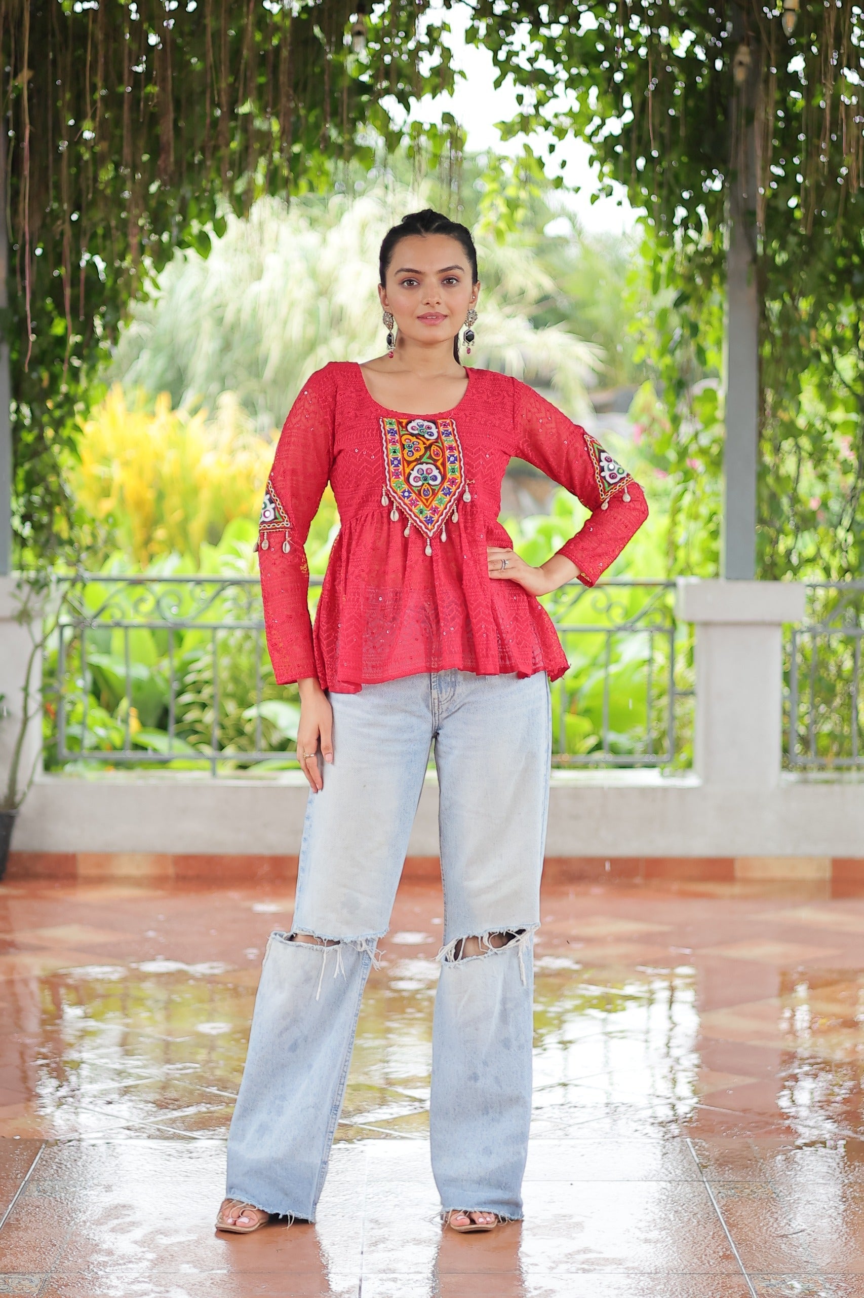 Prazu Fashion Pink Georgette Schiffli Work Kutchi Gamthi Patch Work Navaratri Top - Swadesiicart