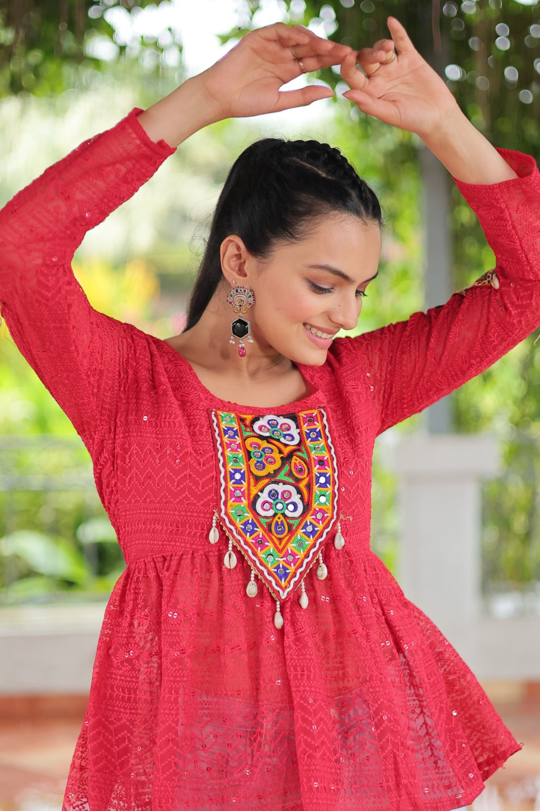 Prazu Fashion Pink Georgette Schiffli Work Kutchi Gamthi Patch Work Navaratri Top - Swadesiicart