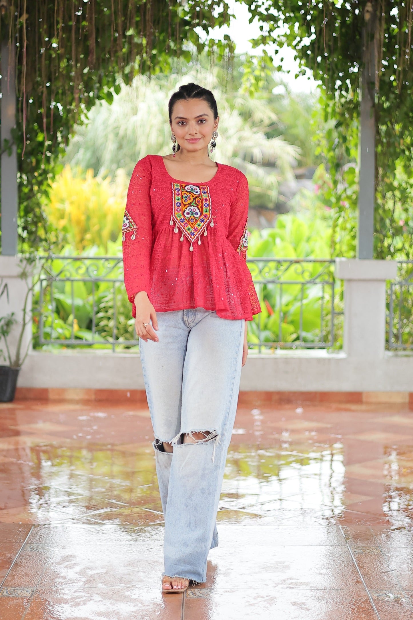 Prazu Fashion Pink Georgette Schiffli Work Kutchi Gamthi Patch Work Navaratri Top - Swadesiicart