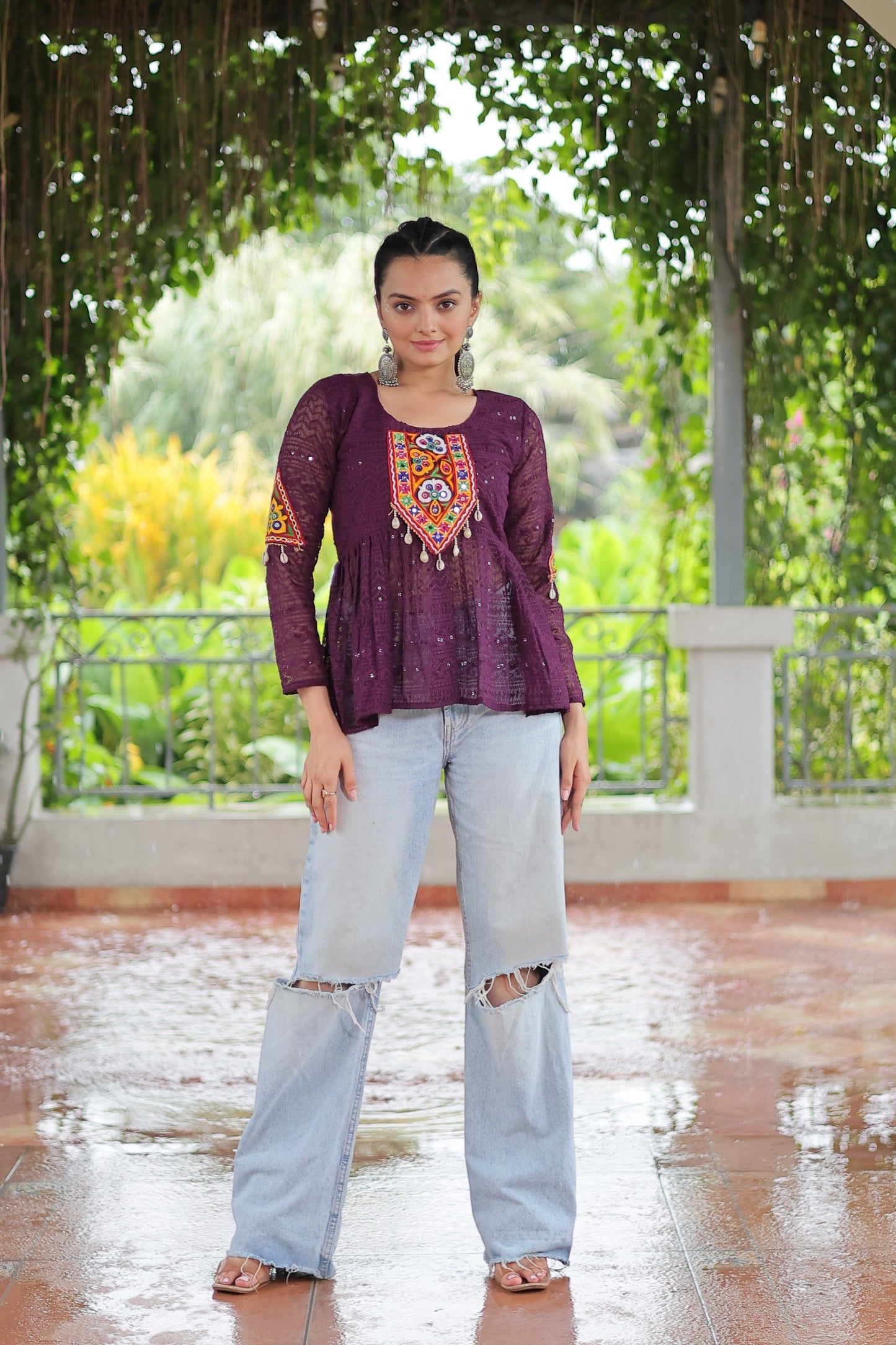 Prazu Fashion Wine Georgette Schiffli Work Kutchi Gamthi Patch Work Navaratri Top - Swadesiicart