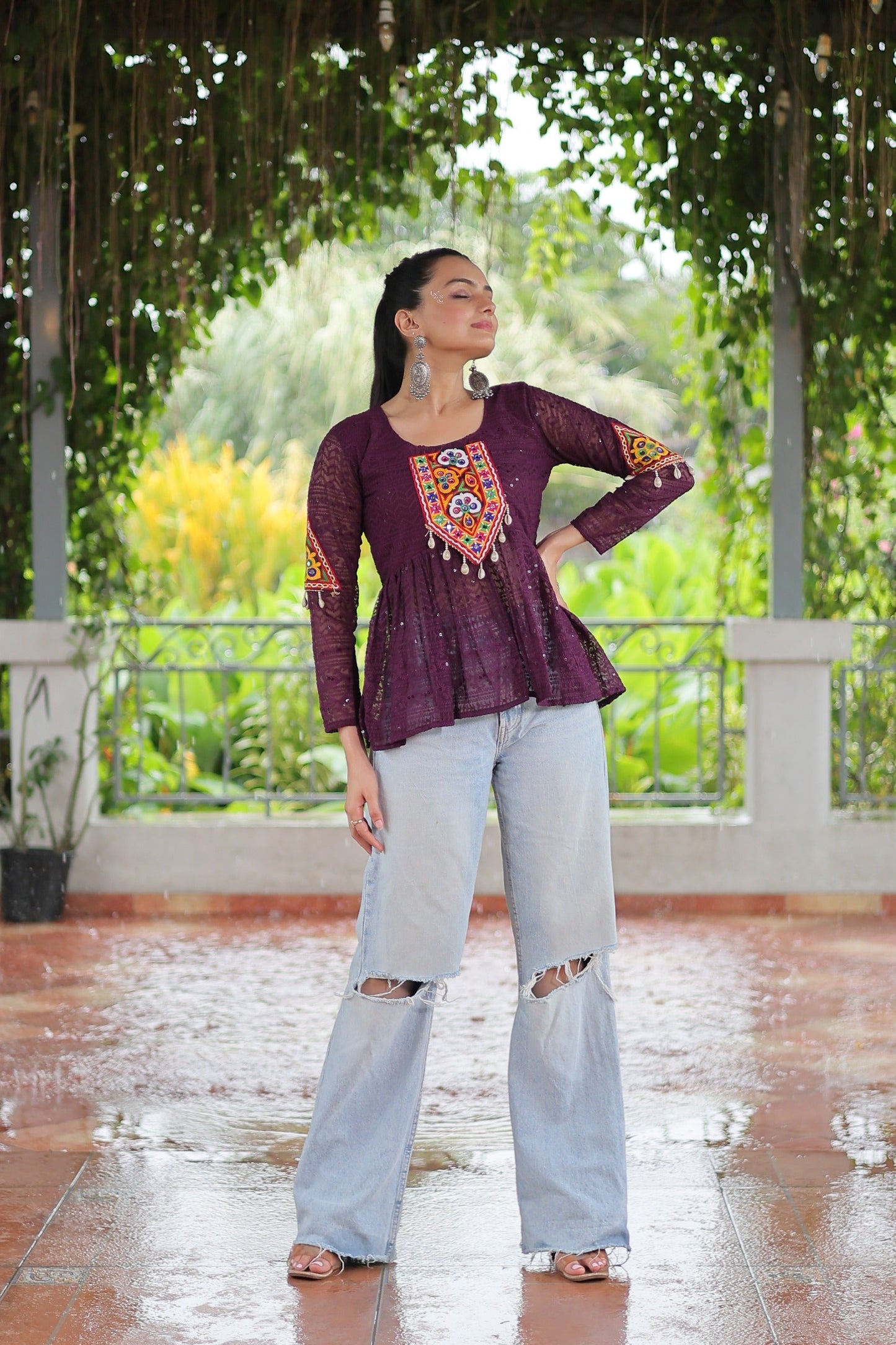 Prazu Fashion Wine Georgette Schiffli Work Kutchi Gamthi Patch Work Navaratri Top - Swadesiicart