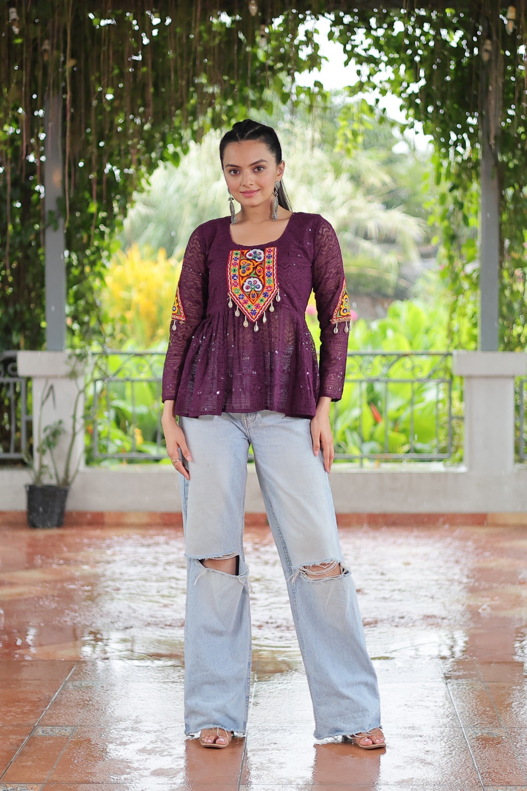 Prazu Fashion Wine Georgette Schiffli Work Kutchi Gamthi Patch Work Navaratri Top - Swadesiicart
