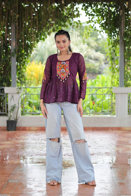 Prazu Fashion Wine Georgette Schiffli Work Kutchi Gamthi Patch Work Navaratri Top - Swadesiicart