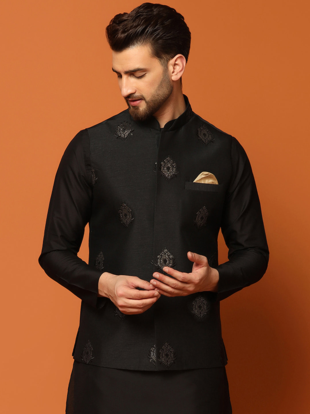 Kisah Men Black Embroidered Nehru Jacket | Swadesiicart