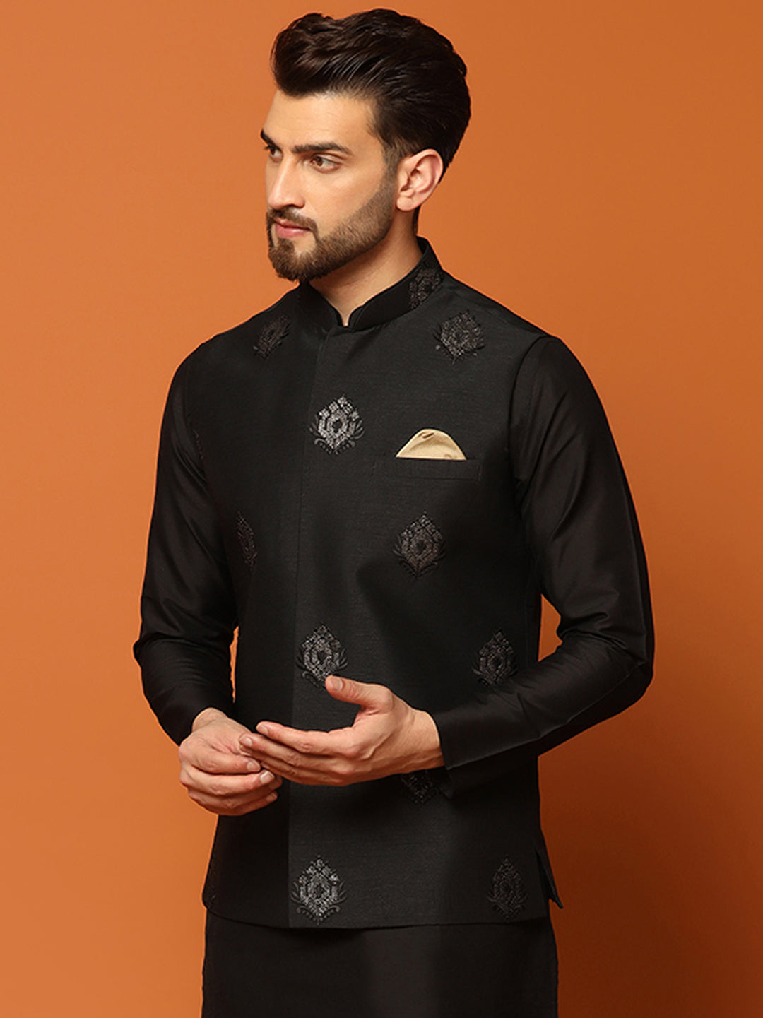 Kisah Men Black Embroidered Nehru Jacket | Swadesiicart